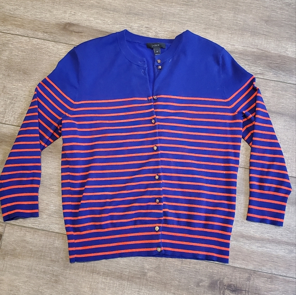 J. Crew Royal Blue and Red Striped Button Cardigan